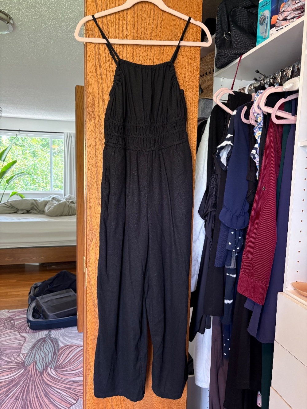 Old Navy Smocked Wide Leg Linen Jumpsuit Black Size Small NWOT